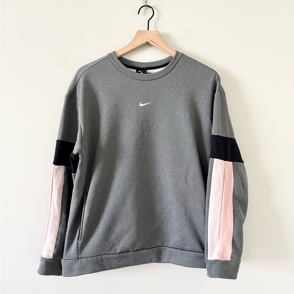 Nike Crewneck Pullover Sweatshirt with Colorblock Detail in Dark Gray, Pink - S